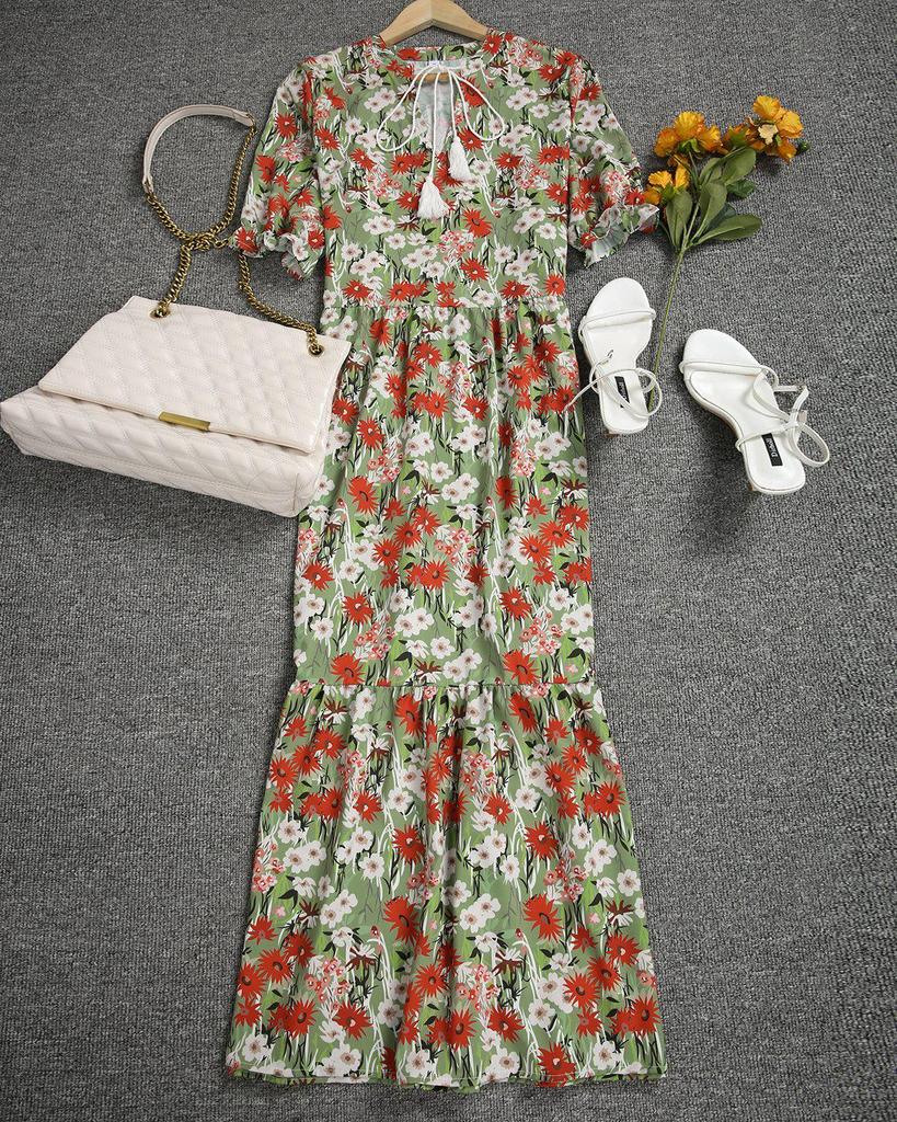 Romantic Half Sleeve Print Midi Dress