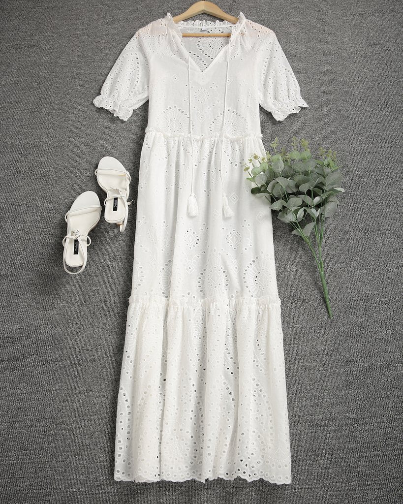 Romantic White Half Sleeve Maxi Dress