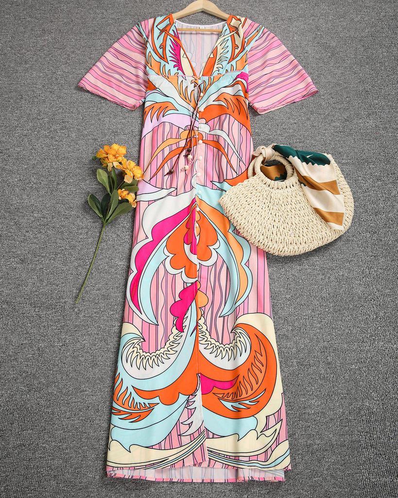 Attractive Print 3/4 Sleeve Maxi Dress