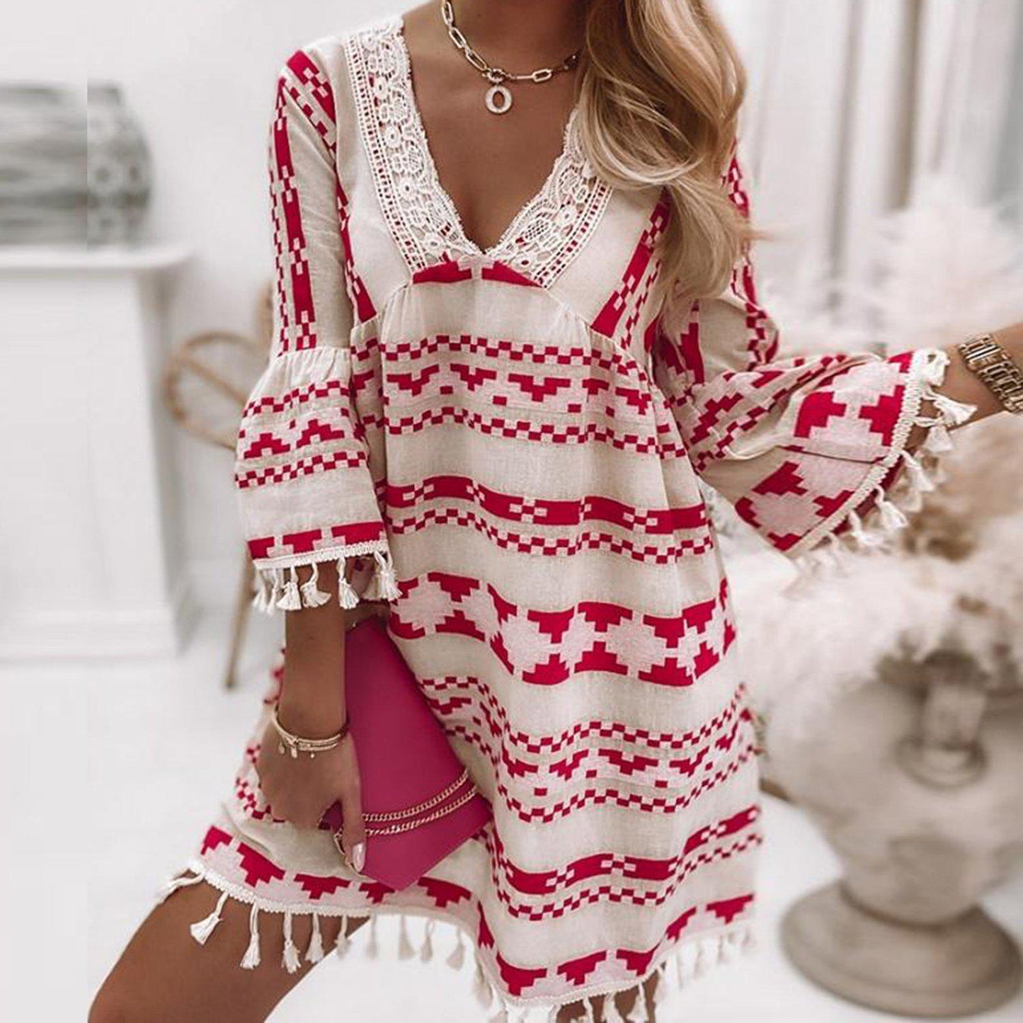 Chic Print 3/4 Sleeve Mini Dress