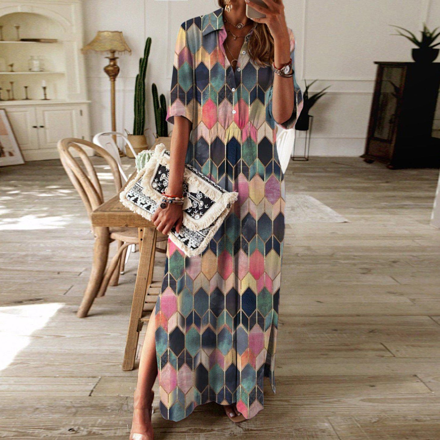 Stylish Print Short Sleeve Maxi Dress