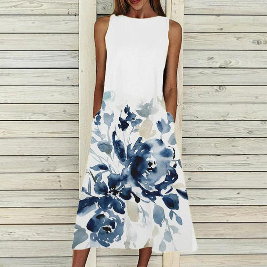 Elegant Print Round Neck Sleeveless Midi Dress