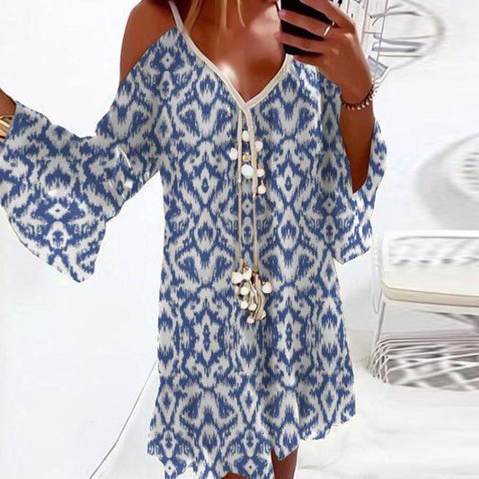 Groovy Blue Print 3/4 Sleeve Mini Dress