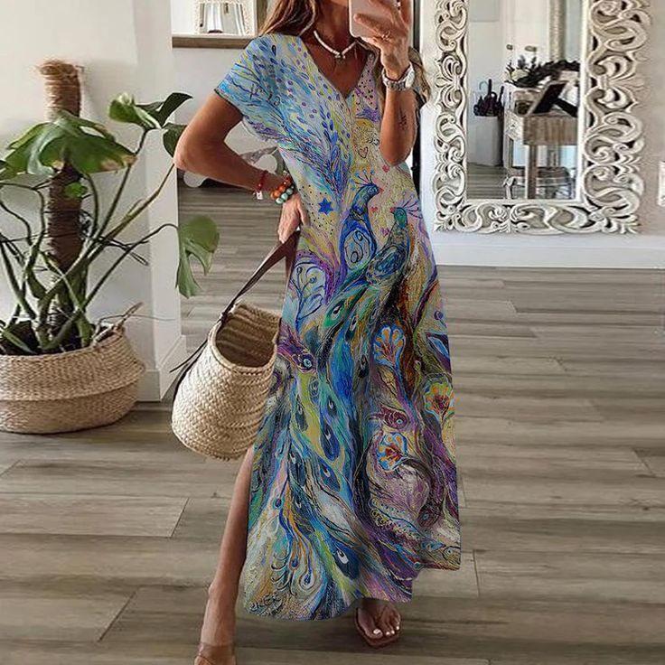 Elegant Short Sleeve Print Maxi Dress