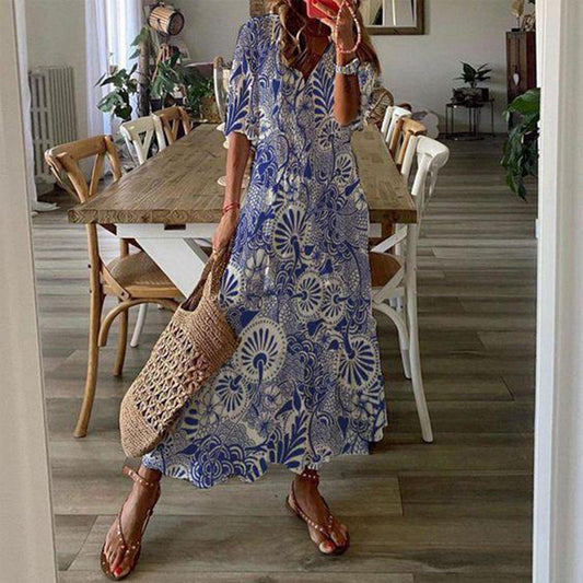 Elegant Print Short Sleeve Midi Dress