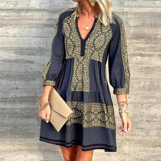 Elegant Print 3/4 Sleeve Mini Dress