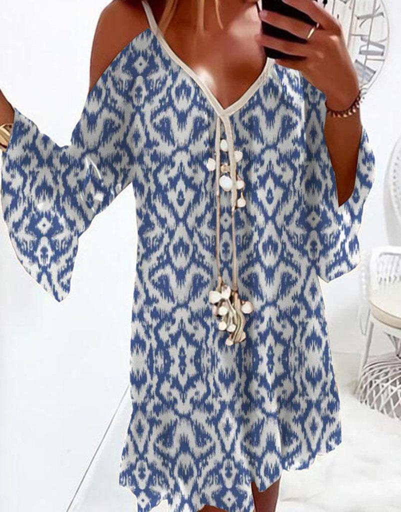 Groovy Blue Print 3/4 Sleeve Mini Dress