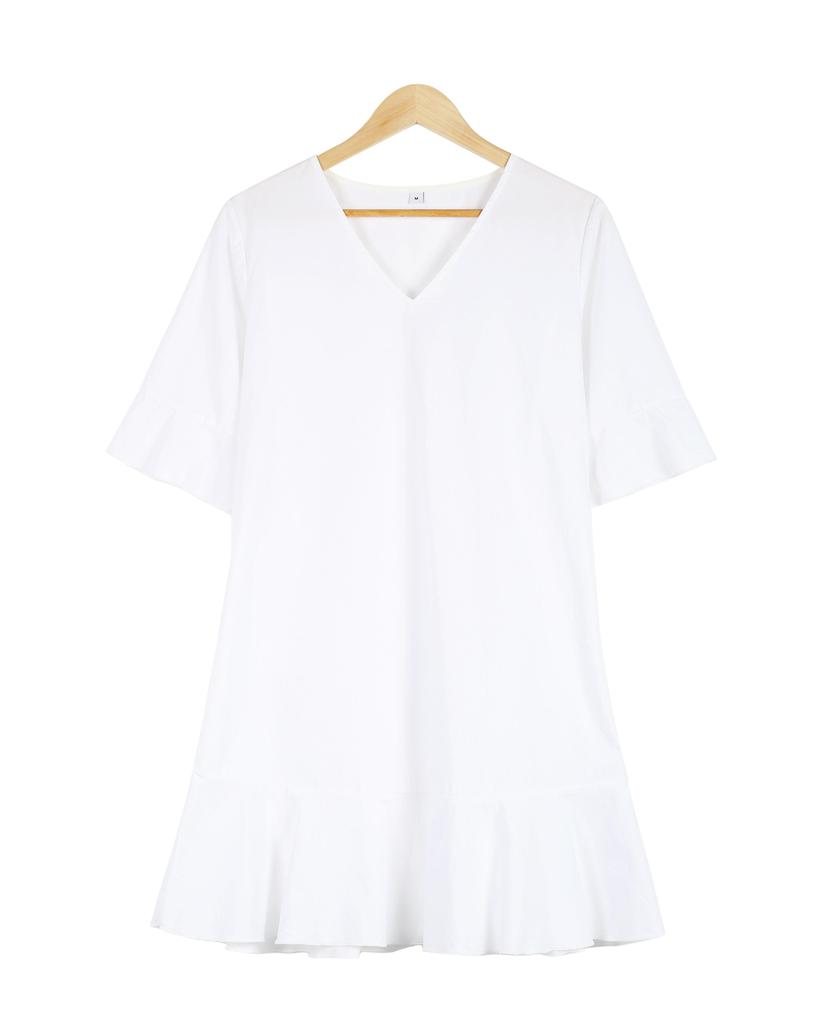 Ladylike White Plain Ruffle Cuff And Hem Short Sleeve Mini Dress