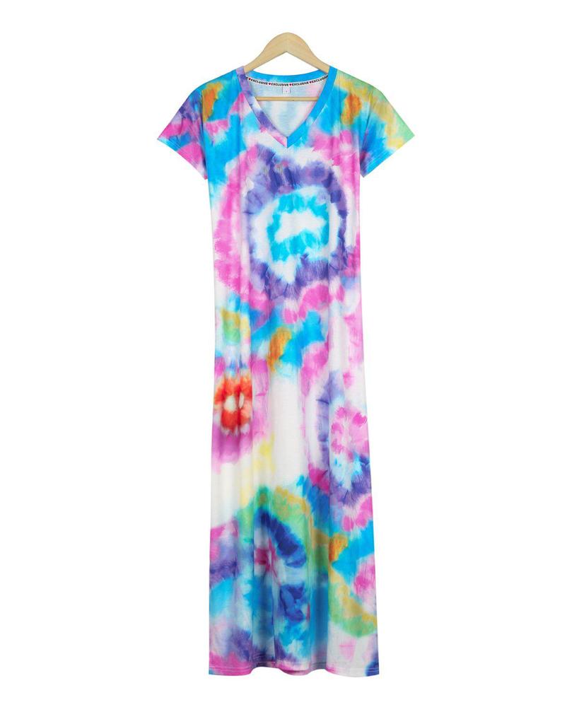 Trendy Tie Dye Print Thigh-High Side Slit Short Sleeve Maxi Dress