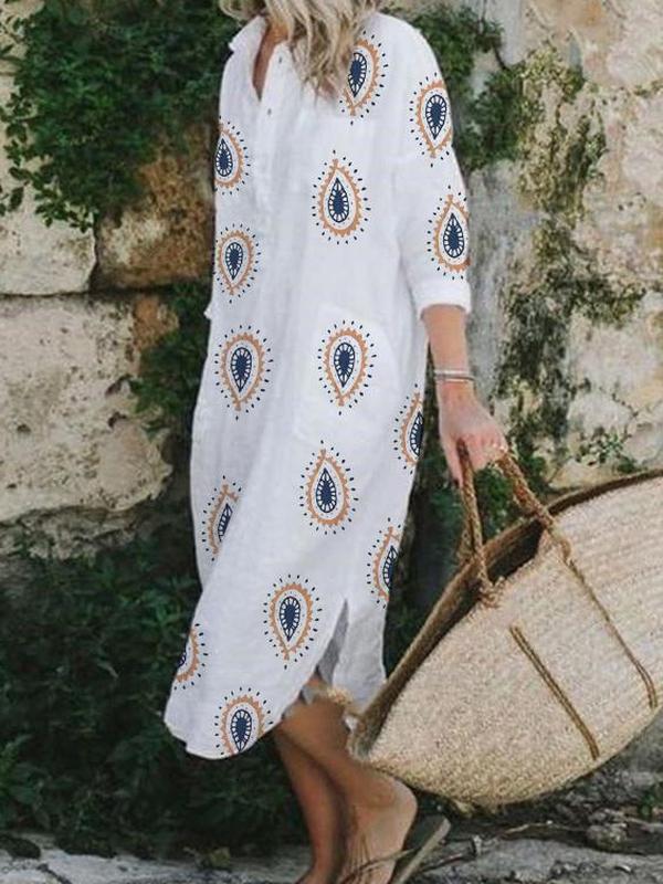 Casual V-Neck 3/4 Sleeve Loose Printed Maxi Dress