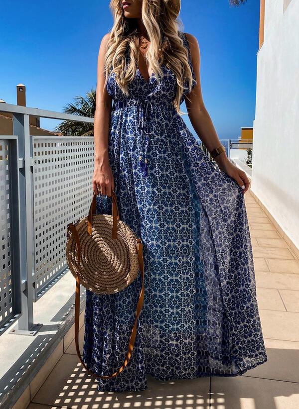 Elegant Print V-Neck Sleeveless Maxi Dress