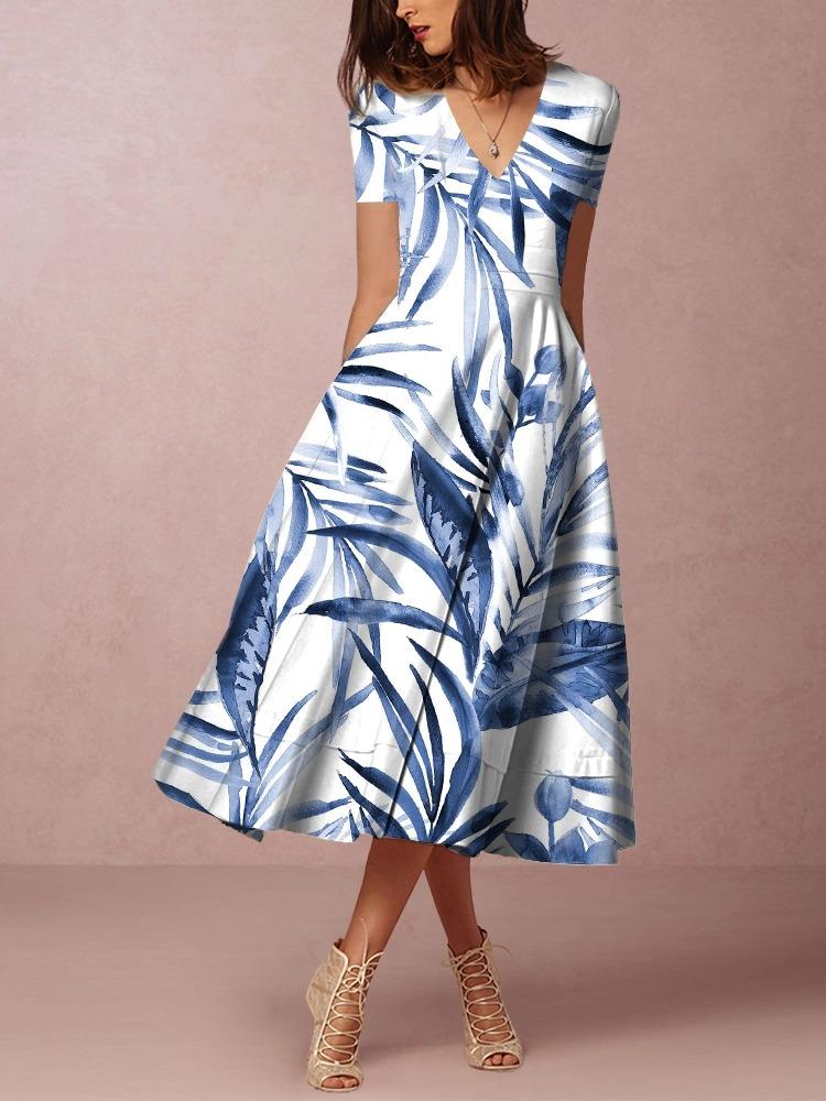 Elegant V-Neck Print Midi Dress