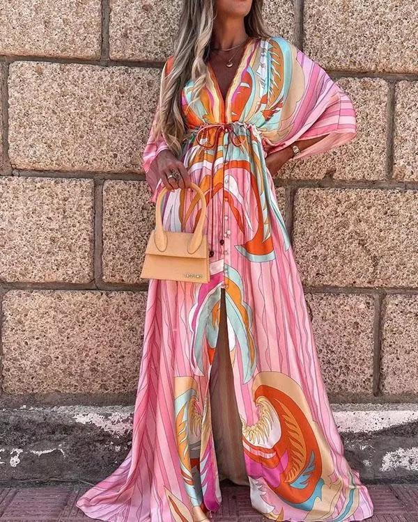 Attractive Print 3/4 Sleeve Maxi Dress