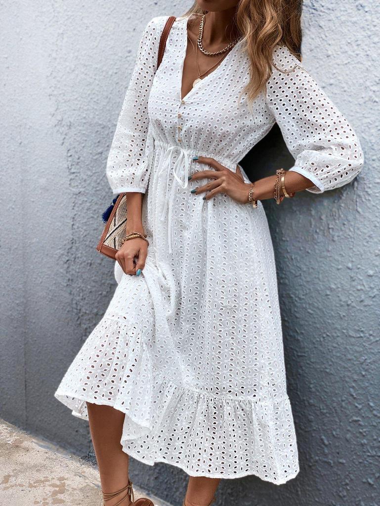 Fresh White 3/4 Sleeve Midi Dress