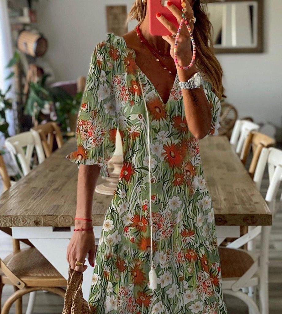 Romantic Half Sleeve Print Midi Dress