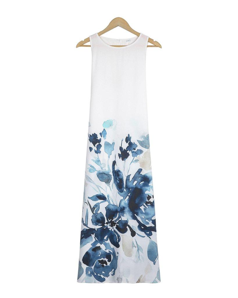 Elegant Print Round Neck Sleeveless Midi Dress