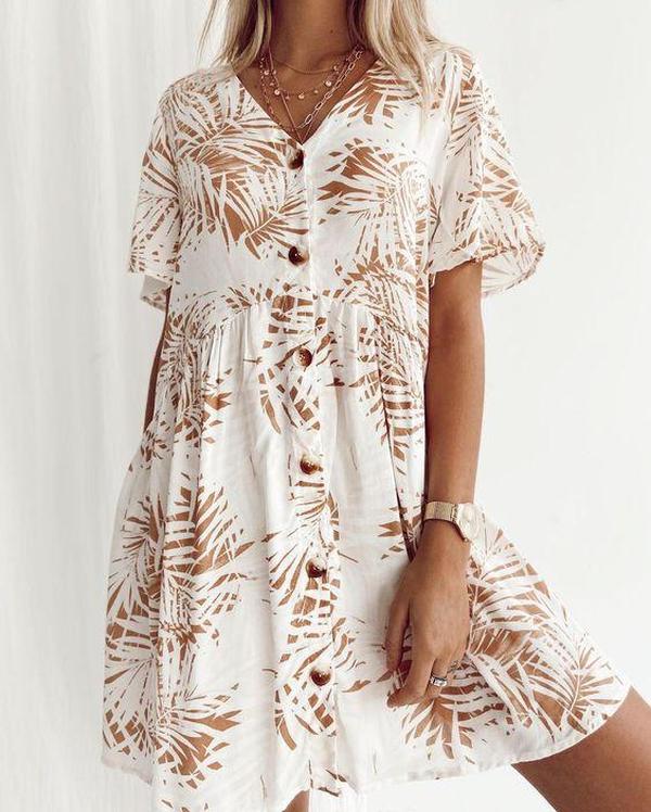 Modest V-Neck Button-Front Short Sleeve Printed Mini Dress