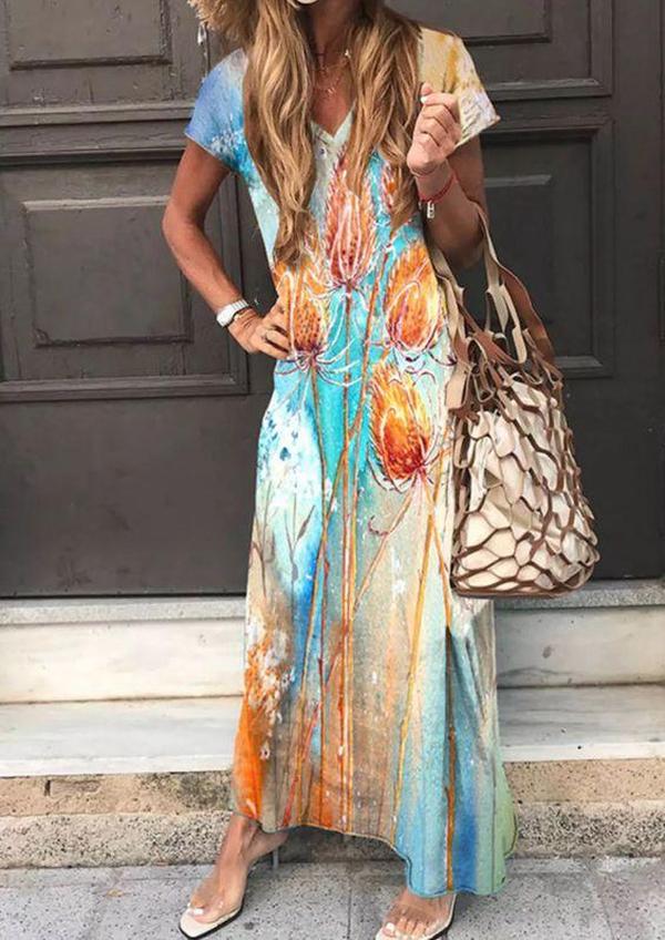 Groovy Print Short Sleeve Maxi Dress