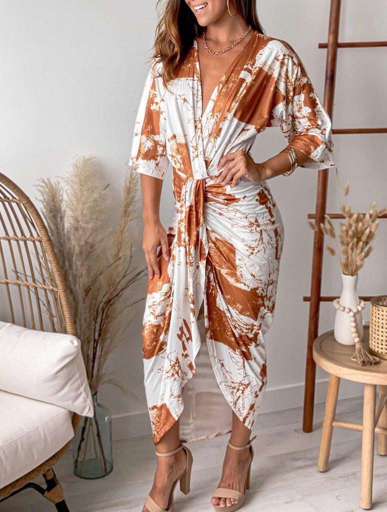 Temperament Print 3/4 Sleeve Maxi Dress