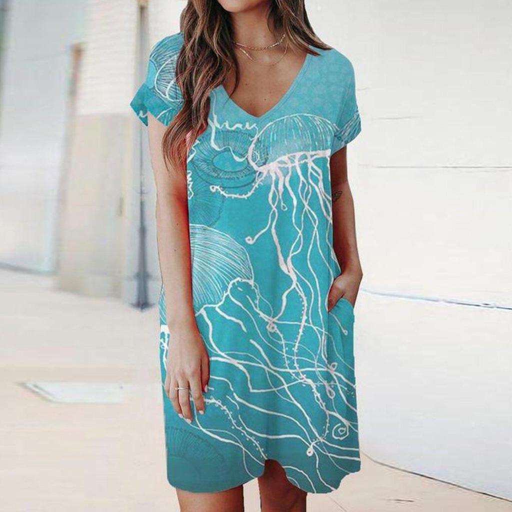 Fresh Print Short Sleeve Mini Dress