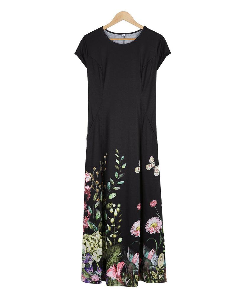 Attractive Black Short Sleeve Printed Midi Dress