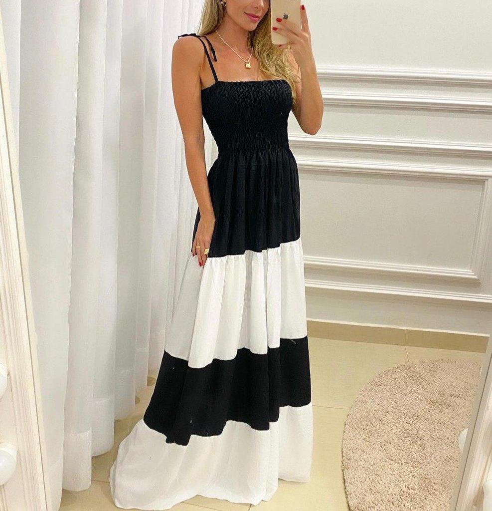 Trendy Adjustable Straps Color Block Maxi Dress