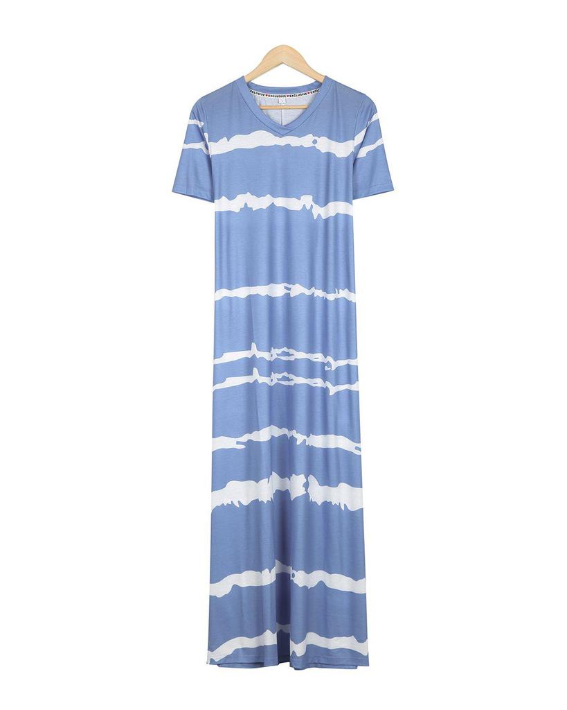 Modest Blue V-Neck Short Sleeve Printed Maxi Dress