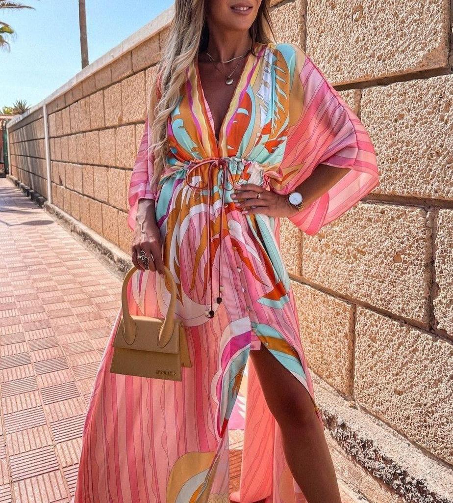 Attractive Print 3/4 Sleeve Maxi Dress