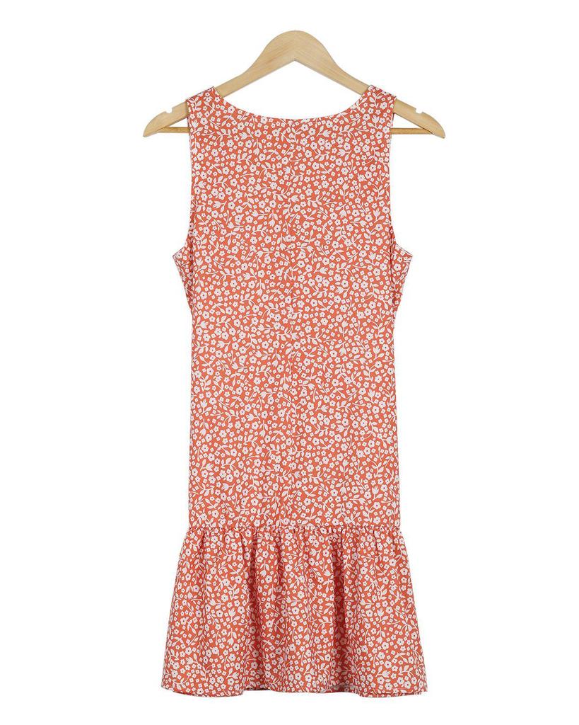 Sweet V-Neck Flounced Hem Sleeveless Printed Mini Dress