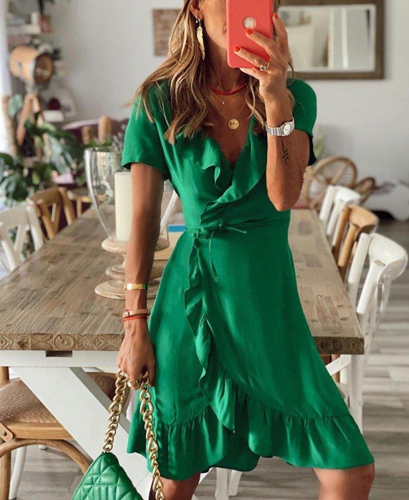 Attractive Green V-Neck Short Sleeve Mini Dress