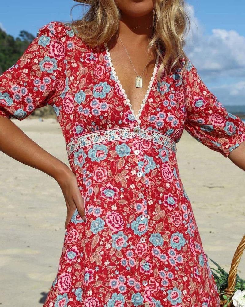 Elegant Floral Print Empire Waist Short Sleeve Midi Dress