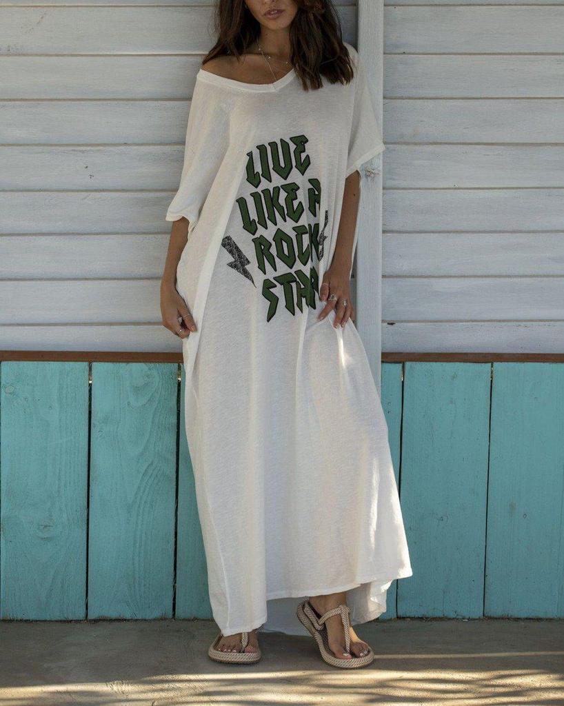 Basic Letter Print Short Sleeve Maxi Dress