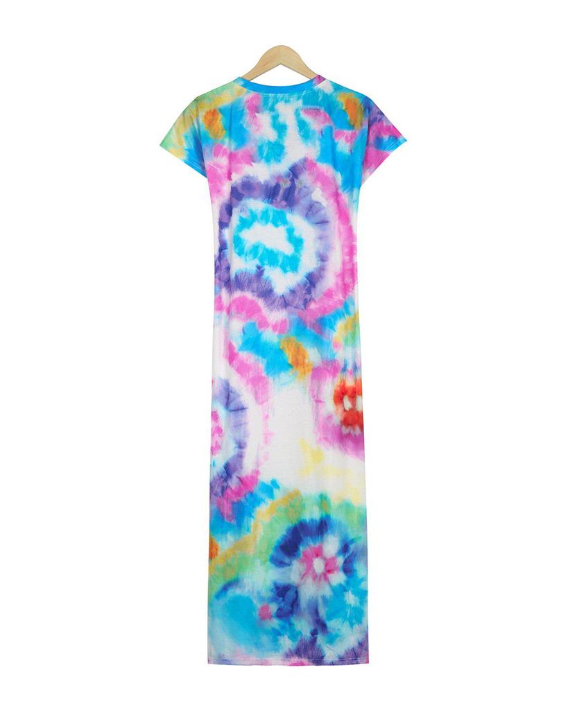 Trendy Tie Dye Print Thigh-High Side Slit Short Sleeve Maxi Dress