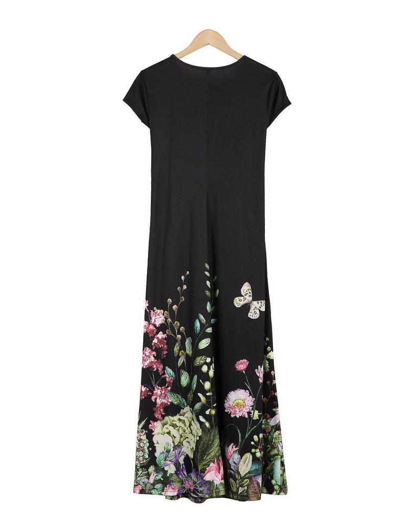 Attractive Black Short Sleeve Printed Midi Dress