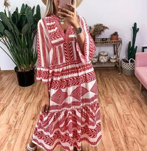 Modern Print 3/4 Sleeve Midi Dress