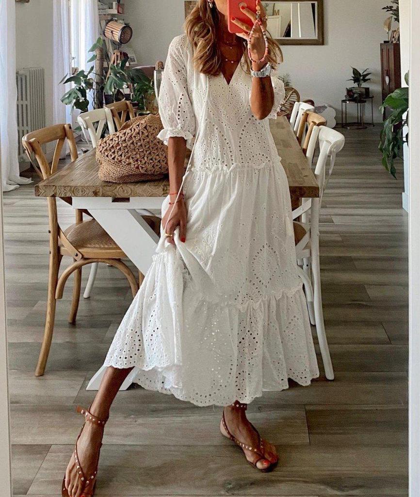 Romantic White Half Sleeve Maxi Dress