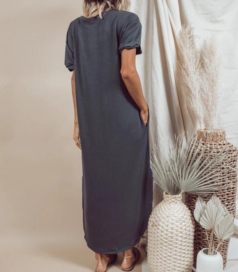 Simple Plain V-Neck Side Pocket Maxi Dress