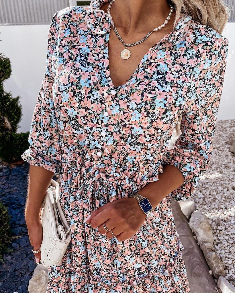 Sweet Floral Print V-Neck Long Sleeve Midi Dress