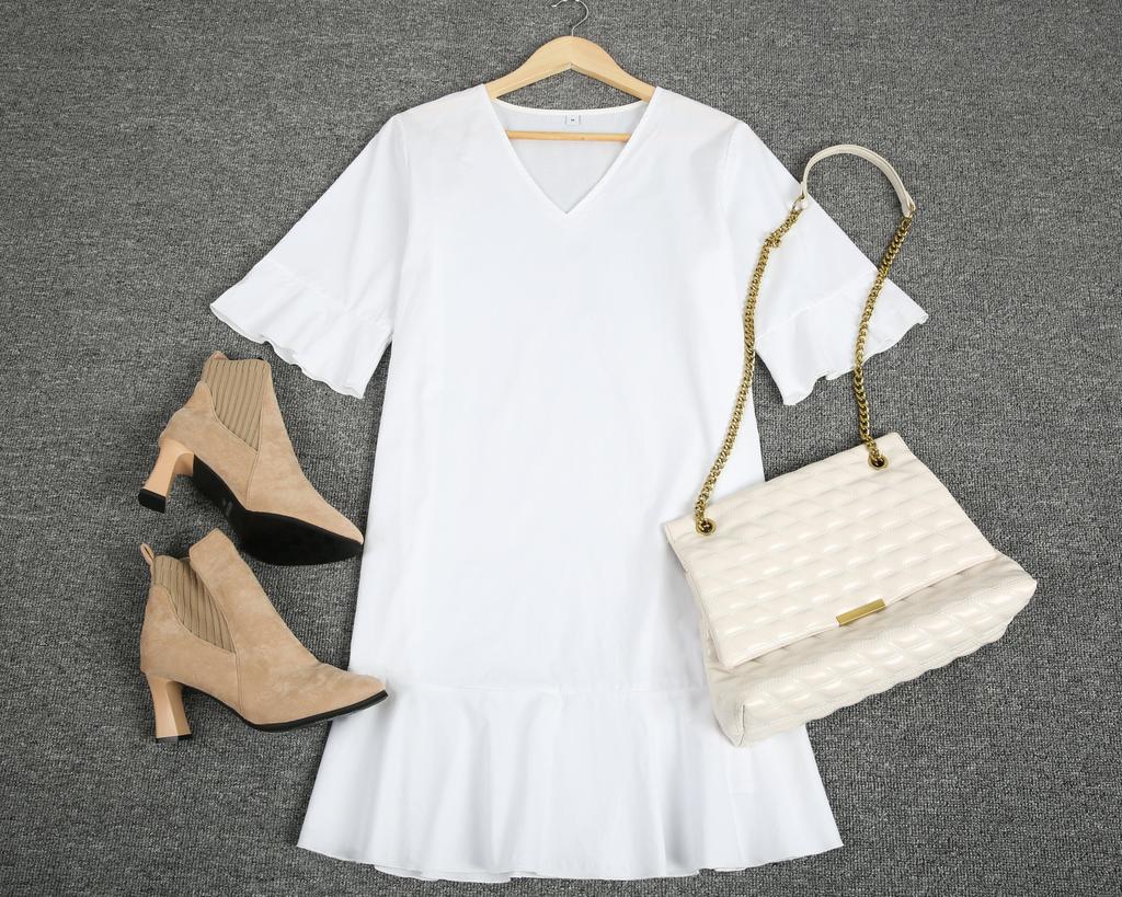 Ladylike White Plain Ruffle Cuff And Hem Short Sleeve Mini Dress