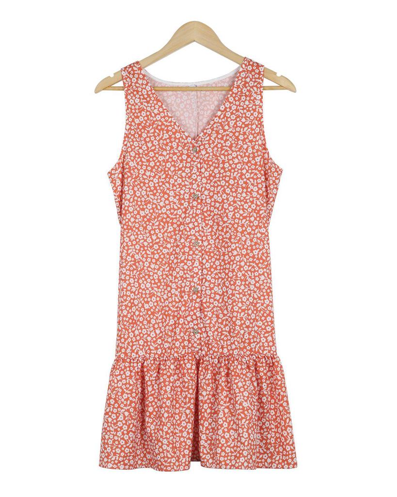 Sweet V-Neck Flounced Hem Sleeveless Printed Mini Dress