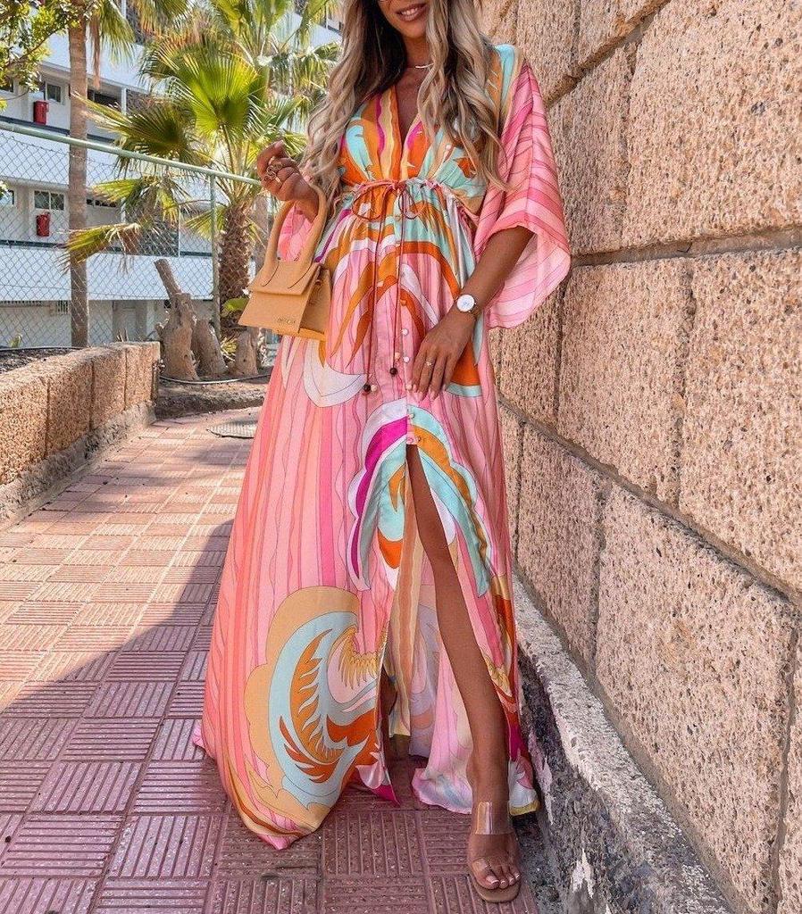 Attractive Print 3/4 Sleeve Maxi Dress