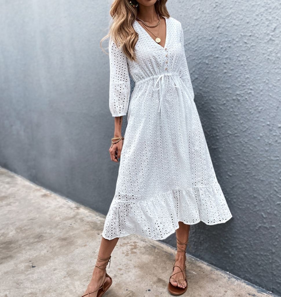 Fresh White 3/4 Sleeve Midi Dress