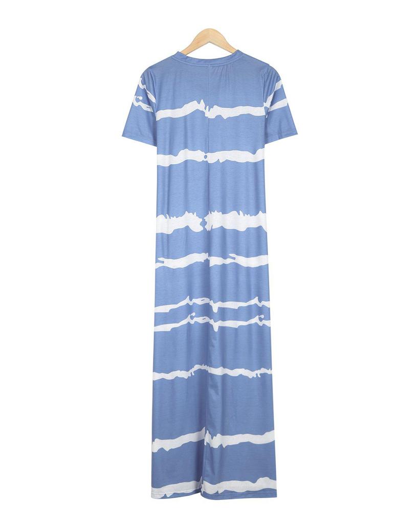 Modest Blue V-Neck Short Sleeve Printed Maxi Dress