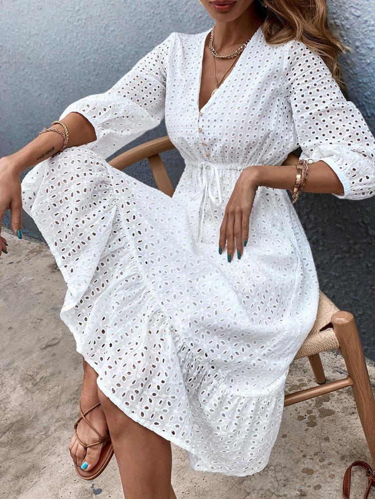 Fresh White 3/4 Sleeve Midi Dress