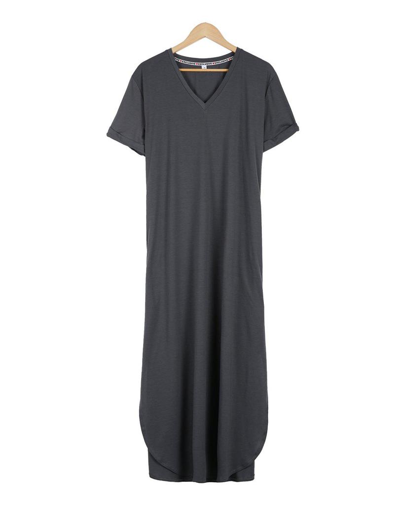 Simple Plain V-Neck Side Pocket Maxi Dress