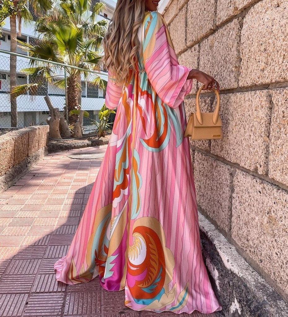 Attractive Print 3/4 Sleeve Maxi Dress