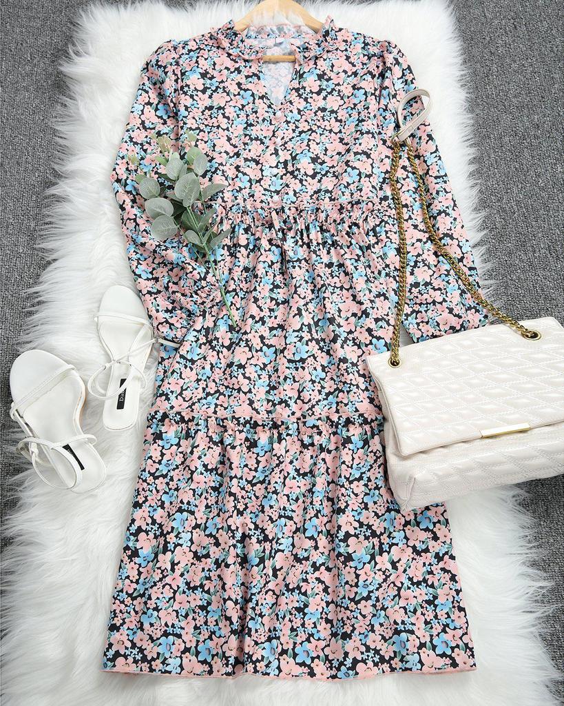 Sweet Floral Print V-Neck Long Sleeve Midi Dress