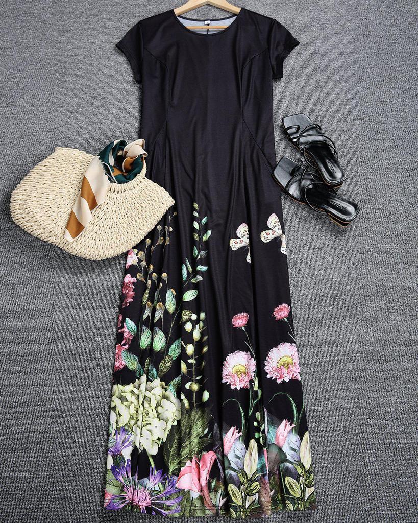 Attractive Black Short Sleeve Printed Midi Dress