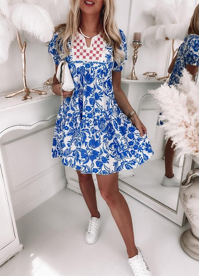 Fresh Print Short Sleeve Mini Dress