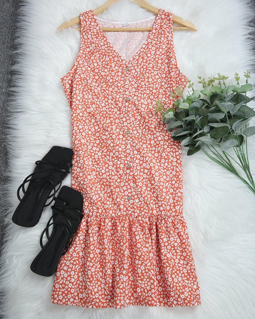 Sweet V-Neck Flounced Hem Sleeveless Printed Mini Dress